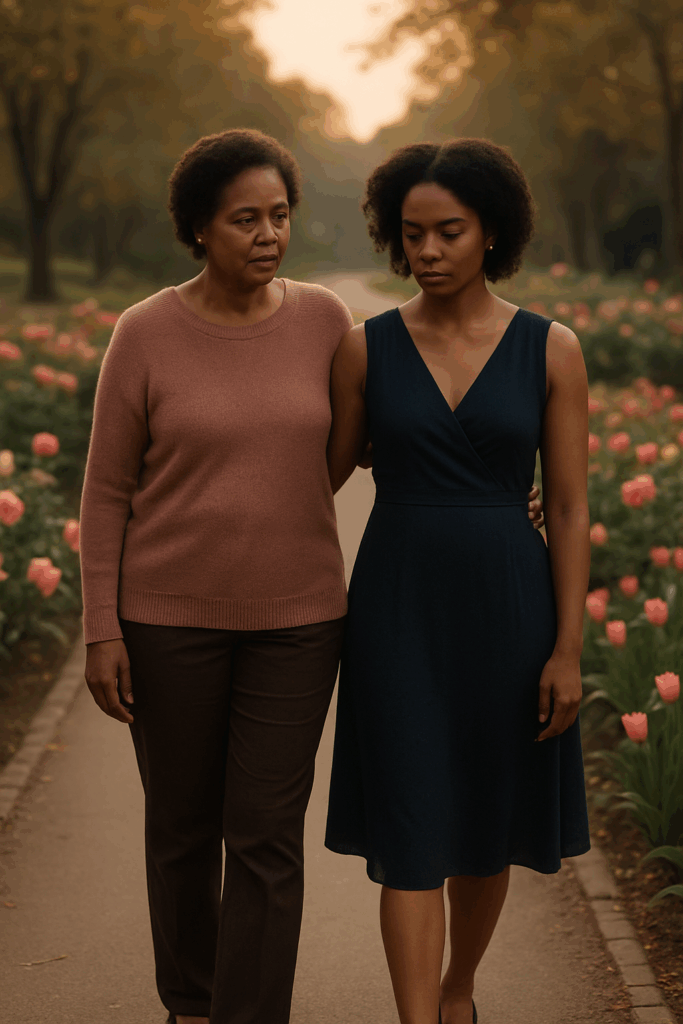 A mother and daughter walking together.