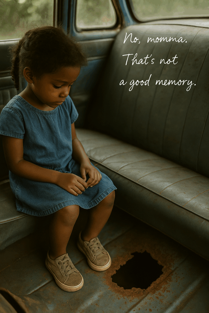 Young Black girl sitting silently in the backseat of an old car, staring down at a rusted hole in the floorboard beneath her. A somber moment reflecting childhood trauma.